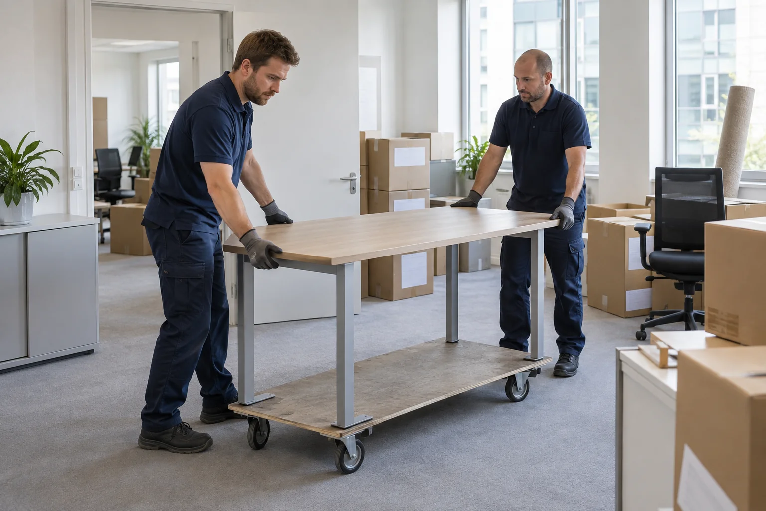 Umzugshelfer bewegen einen Schreibtisch auf einem Möbelroller zwischen Bürostühlen und Umzugskartons