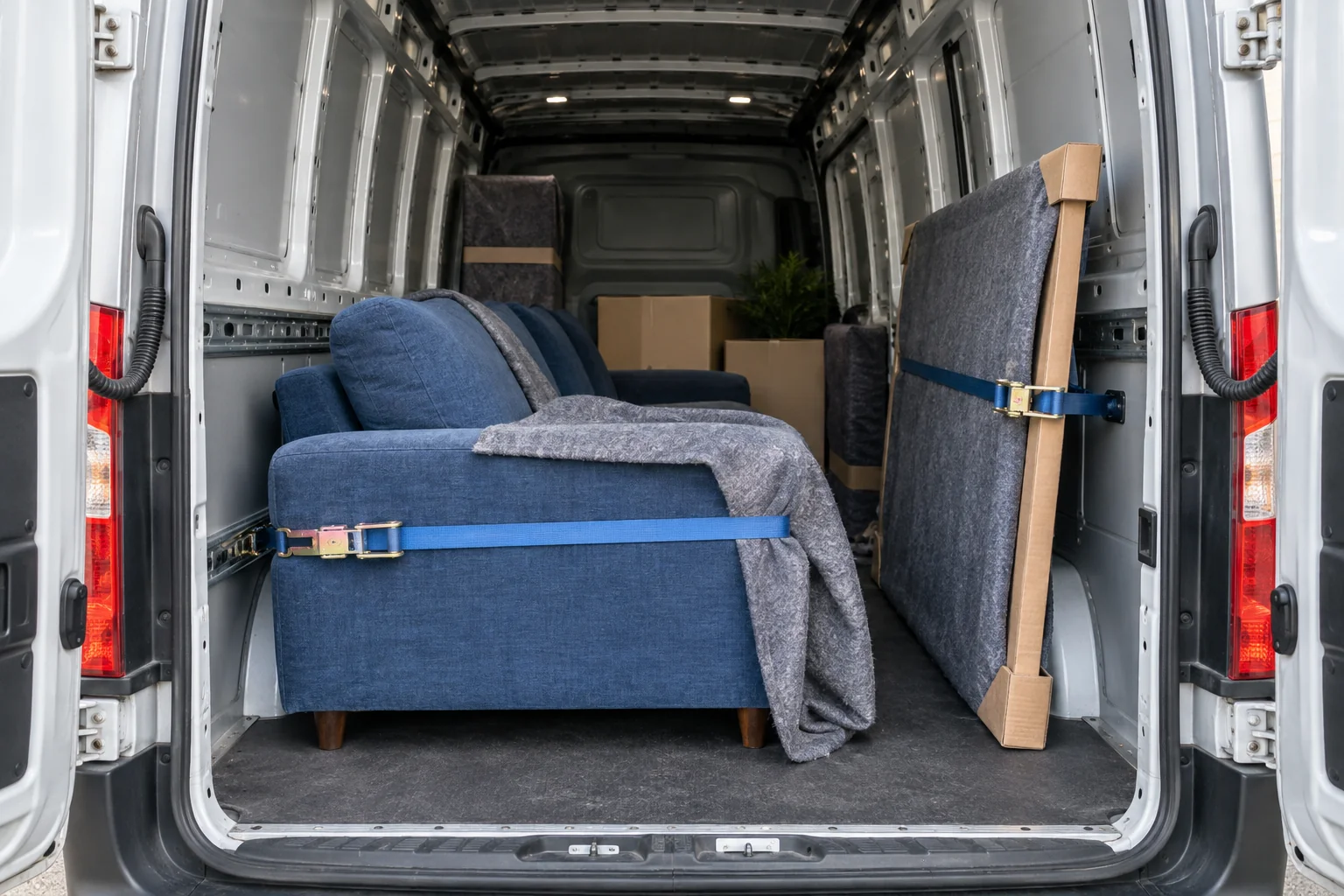 Gesichertes Sofa und geschützte Möbel im Laderaum eines Kastenwagens