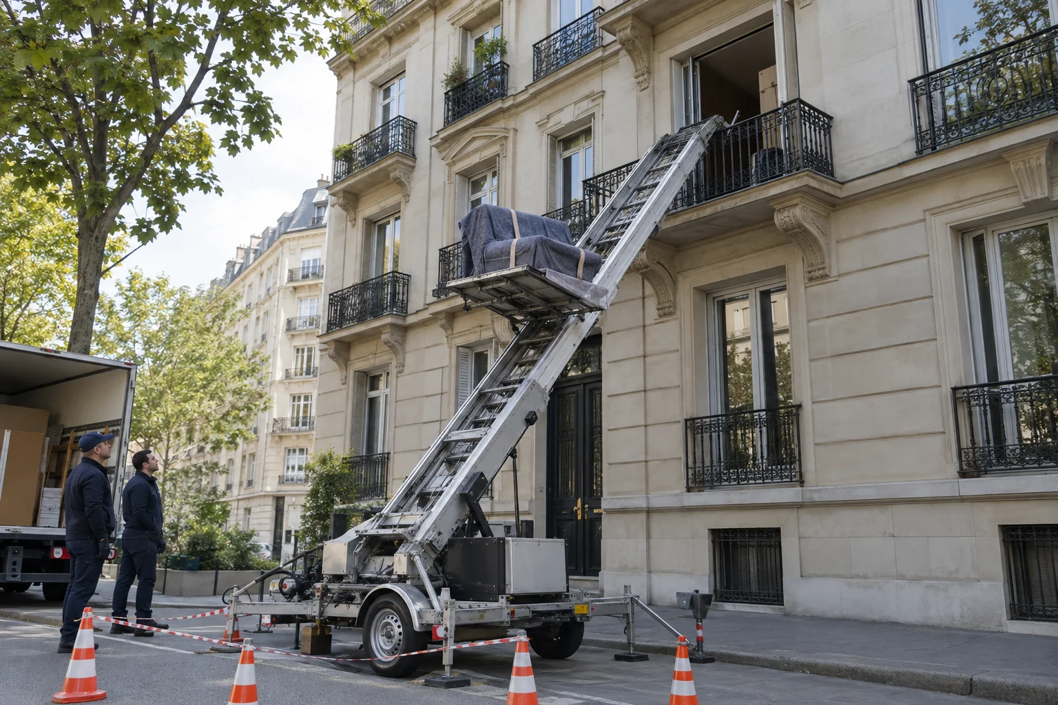 Ein Außenlift befördert einen geschützten Sessel zu einem Balkon