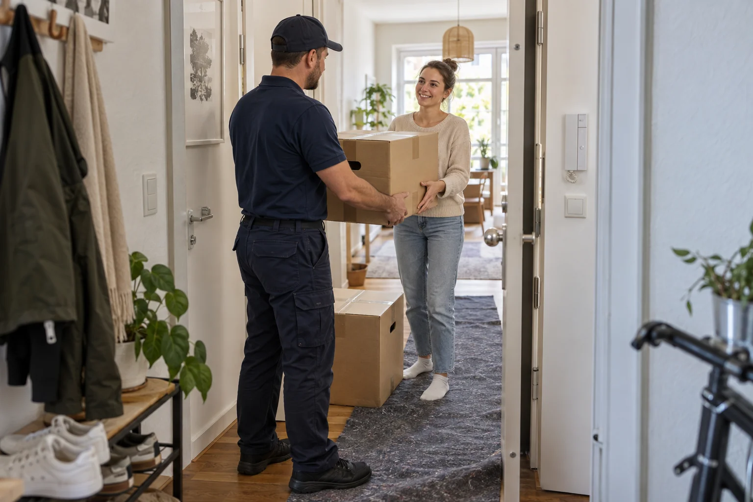 Ein Umzugshelfer übergibt einer Kundin einen Karton an ihrer Wohnungstür.