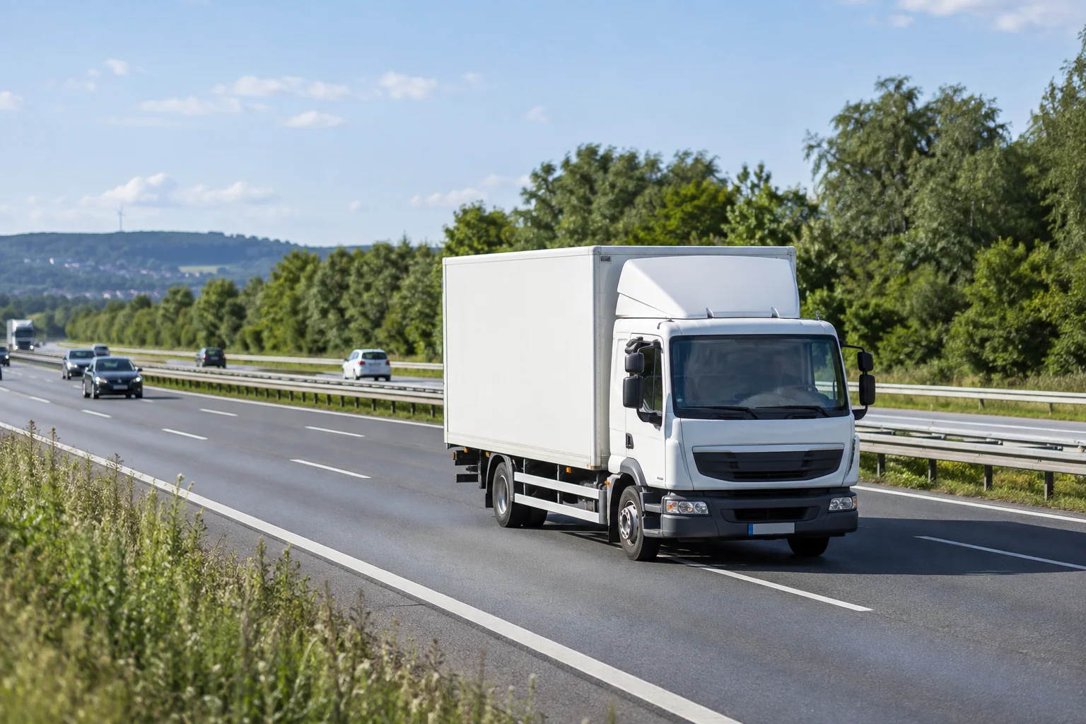 Ein weißer Umzugslastwagen fährt auf einer Autobahn