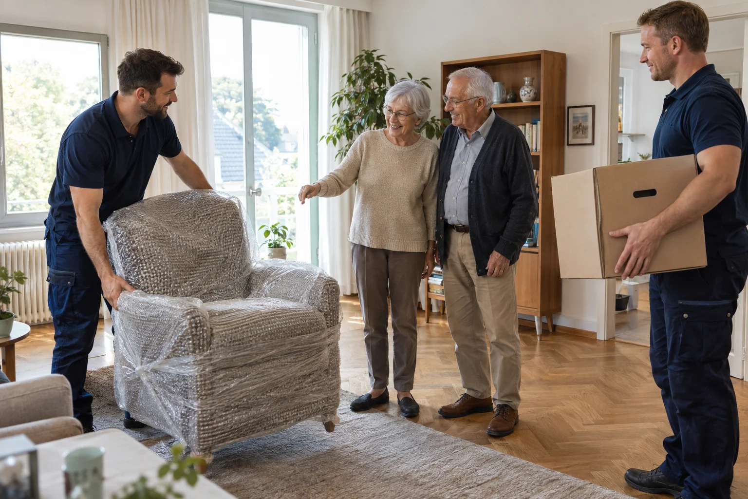 Ein älteres Paar stimmt mit Umzugshelfern den Möbeltransport im Zuhause ab